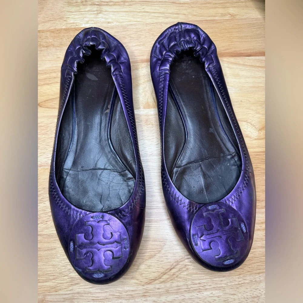 Tory Burch Metallic Purple Leather Logo Ballet Flats